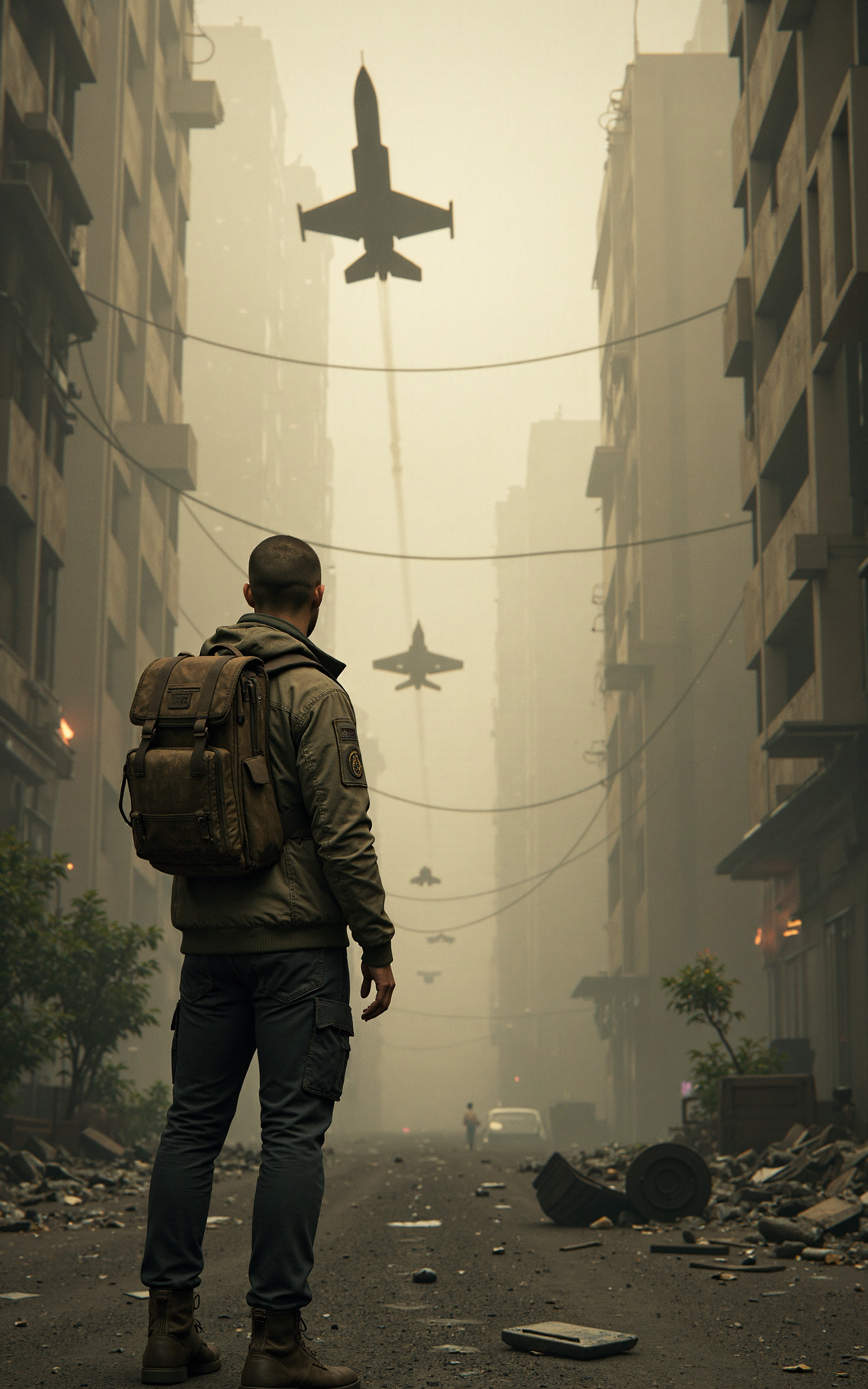 Over-the-shoulder view of a buzz-cut white male survivor in a post-apocalyptic city ruin,looking up at the sky. His back is in the foreground,revealing his short-cropped hair,rugged backpack,and worn-out military-style jacket with dirt and scratches. The environment is in decay,with crumbling skyscrapers,overgrown vegetation,and debris scattered across the cracked streets. Two fighter jets soar above,leaving behind smoky contrails in the dusty,overcast sky. The lighting is dramatic,with rays of sunlight piercing through thick clouds,casting a golden glow on the survivor and the ruined city. The atmosphere is cinematic,ultra-realistic,highly detailed,evoking a sense of survival and desolation.,<lora:kcyberpunk-01:0.6>,kcyberpunk,