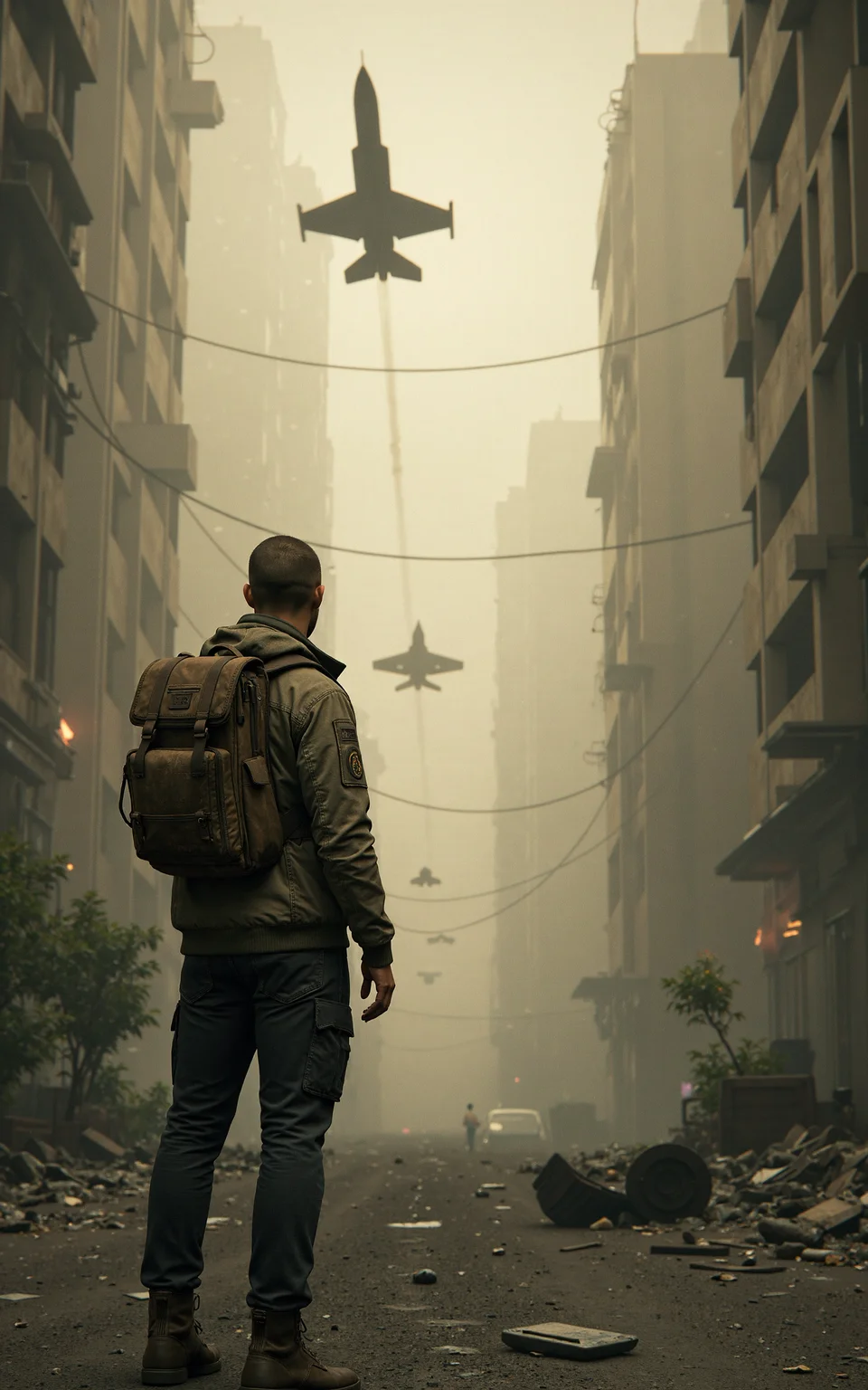 Over-the-shoulder view of a buzz-cut white male survivor in a post-apocalyptic city ruin,looking up at the sky. His back is in the foreground,revealing his short-cropped hair,rugged backpack,and worn-out military-style jacket with dirt and scratches. The environment is in decay,with crumbling skyscrapers,overgrown vegetation,and debris scattered across the cracked streets. Two fighter jets soar above,leaving behind smoky contrails in the dusty,overcast sky. The lighting is dramatic,with rays of sunlight piercing through thick clouds,casting a golden glow on the survivor and the ruined city. The atmosphere is cinematic,ultra-realistic,highly detailed,evoking a sense of survival and desolation.,<lora:kcyberpunk-01:0.6>,kcyberpunk,