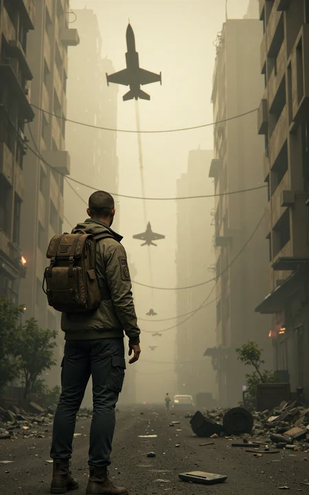 Over-the-shoulder view of a buzz-cut white male survivor in a post-apocalyptic city ruin,looking up at the sky. His back is in the foreground,revealing his short-cropped hair,rugged backpack,and worn-out military-style jacket with dirt and scratches. The environment is in decay,with crumbling skyscrapers,overgrown vegetation,and debris scattered across the cracked streets. Two fighter jets soar above,leaving behind smoky contrails in the dusty,overcast sky. The lighting is dramatic,with rays of sunlight piercing through thick clouds,casting a golden glow on the survivor and the ruined city. The atmosphere is cinematic,ultra-realistic,highly detailed,evoking a sense of survival and desolation.,<lora:kcyberpunk-01:0.6>,kcyberpunk,