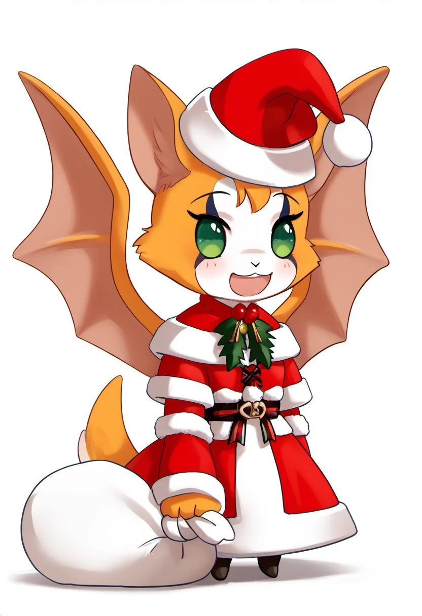 score_9, score_8_up, score_7_up, source_furry, source_anime BREAK 1girl, solo, fidget_daet, nimbat, anthro, furry female, wings, tail, green eyes, zzPadoru, blush, smile, open mouth, meme, holding sack, santa hat, dress, chibi, simple background