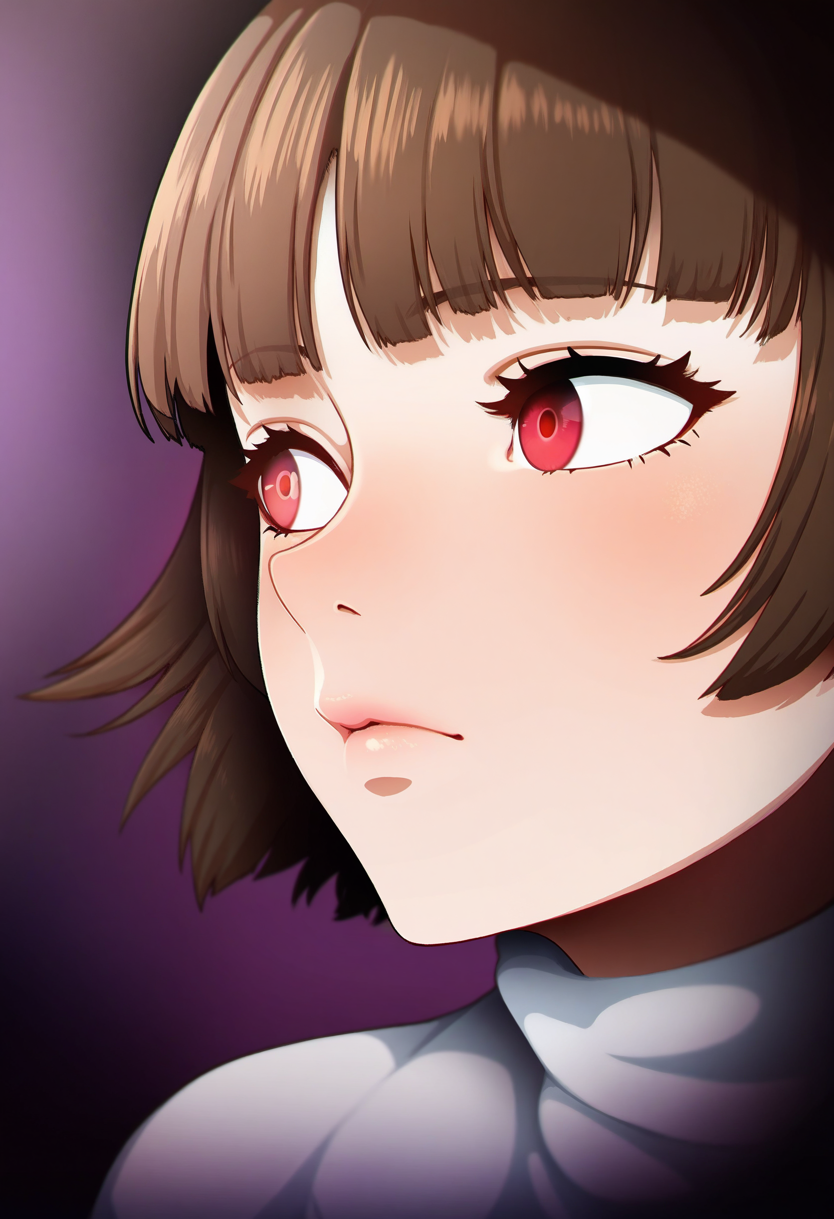 1girl, solo, niijima makoto, white sweater, portrait, looking away, portrait, dark background, purple background, red eyes, 
masterpiece, best quality <lora:neocoill-guy90-Illust-Lycorisv1:1> neooil