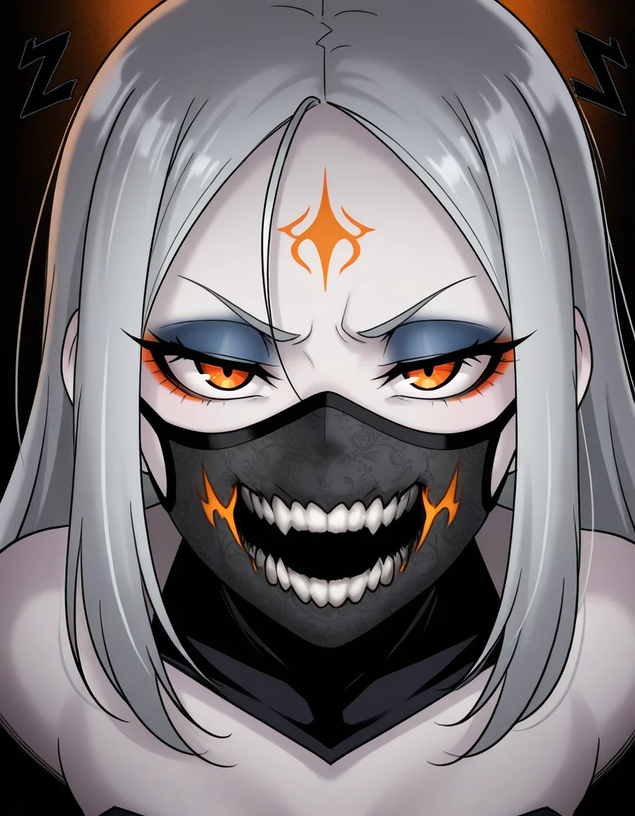 (masterpiece, best quality, ultra-detailed, absurdres, newest, detailed textures, correct anatomy:1), 1girl, dark fantasy, close-up, sinister expression, glowing orange eyes, detailed mouth mask, eerie atmosphere, black and grey color palette, high contrast lighting, dark background, intense gaze, menacing presence, dramatic shadows, horror \(theme\), intricate design, realistic textures, unsettling mood, dramatic lighting, eerie glow, haunting, detailed facial features, atmospheric, gothic aesthetic, half-closed eyes, forehead mark, eyeliner, makeup, eyelashes, pale skin, <lora:Cham22_Style-IL:0.25>, pkcham22, <lora:Artist_Style_-_zero-sen_aka_xxzero_ILXL:0.25>, 3d-no-x-to-y-de, <lora:Artist_Style_-_Marui_Maru_ILXL:0.25>, <lora:Dangerousbride_IL_Style:0.25>, dangerousbride