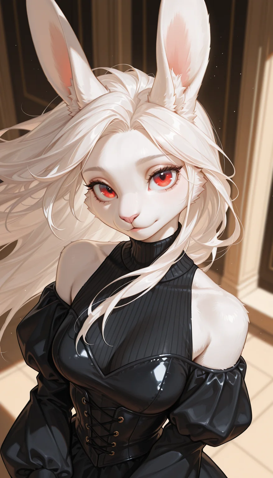 masterpiece, best quality, amazing quality, very aesthetic, 4k, high resolution, ultra-detailed, absurdres, newest, scenery, 1girl, furry, anthro, solo, rabbit girl, clothed, body fur, white rabbit, white fur, fluffy, medium breasts, long white hair, floating hair, looking at viewer, upturned eyes, cute, head tilt, red eyes, big eyes, luxurious turtleneck gothic puffy detached sleeve black dress, off-shoulder, upper body, long rabbit ears, portrait, close-up, from above, dutch angle, rim light, BREAK, eyes, detailed eyes, detailed background, detailed hair, depth of field, detailed fluffy fur, photorealistic details, volumetric lighting