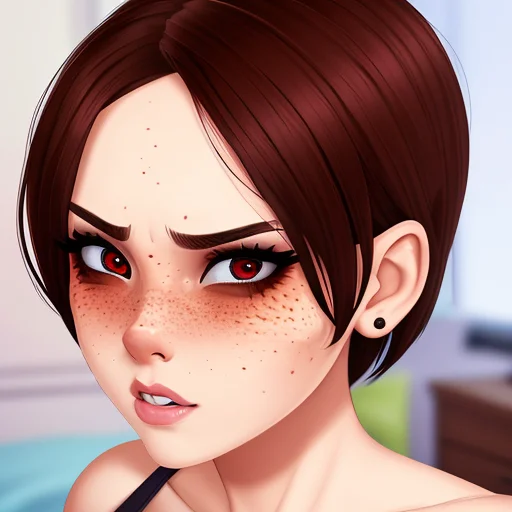 portait of ((stunningly attractive)) girl in bed, ((perfect femine face)), (+freckles) (+busty) (+short hair), intricate, 8k, artstation, highly detailed, digital painting, intense, sharp focus