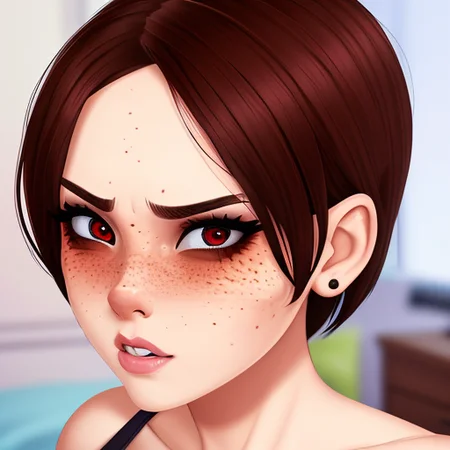 portait of ((stunningly attractive)) girl in bed, ((perfect femine face)), (+freckles) (+busty) (+short hair), intricate, 8k, artstation, highly detailed, digital painting, intense, sharp focus
