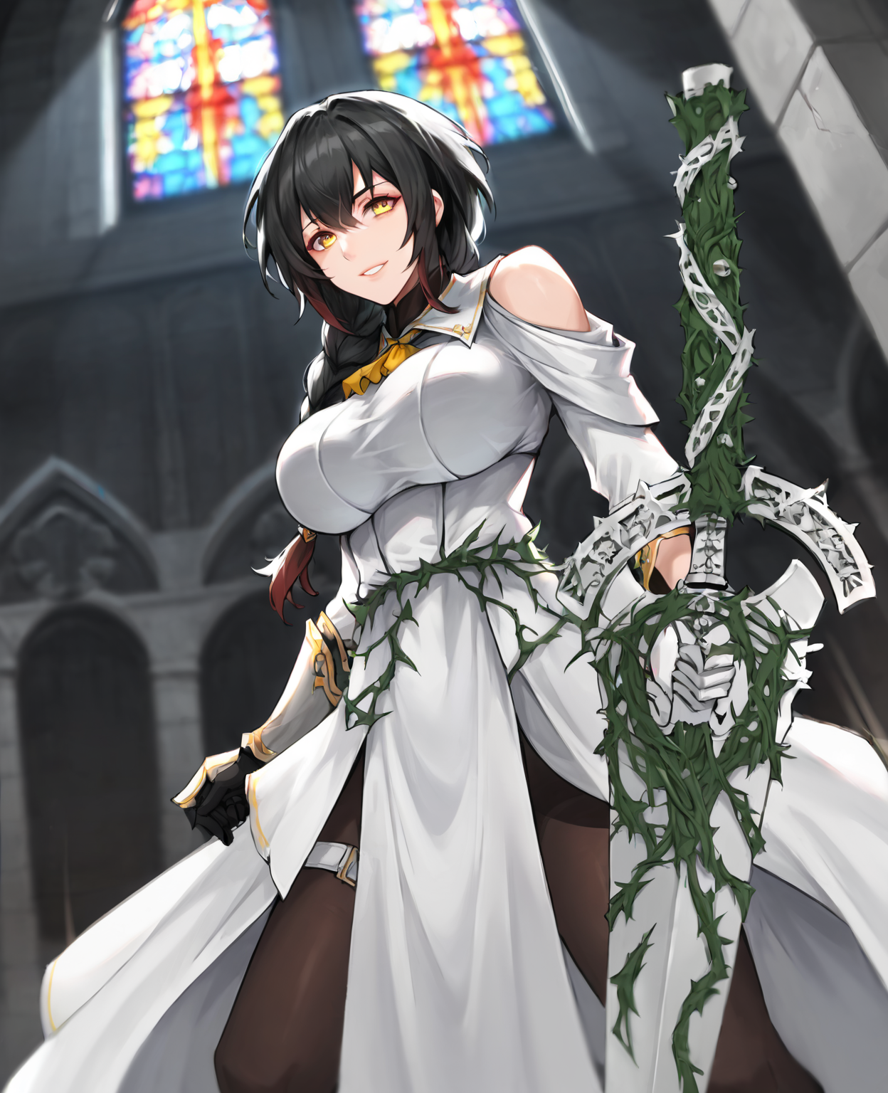 score_9,score_8_up,score_7_up,source_anime,rating_safe BREAK masterpiece,highres,best quality,high quality,dramatic angle,cinematic lighting,1girl,<lora:NightOfRevenge_pony_V1-000020:0.86>,Aradia,Bara no majo,black hair,yellow eyes,braids,gradient hair,two-tone hair,ribbon,thorns,white dress,yellow bowtie,turtleneck,gauntlets,black pantyhose,thigh strap,from below,yandere,shaded face,drinking blood,blood,holding sword,hair flower,crown of thorns,greatsword,evil smile,torn clothes,cleavage,hanging breasts,church,stained glass,depth of field,extremely detailed background,<lora:add-detail-xl:0.43>,<lora:flat_sdxl:-0.68>,cleavage cutout,red rose,cleavage,vines