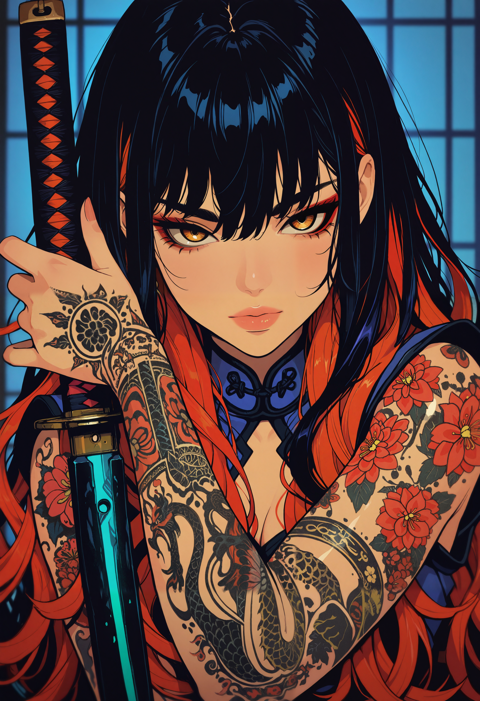 masterpiece, best quality, good quality, very aesthetic, absurdres, newest, 8K, depth of field, focused subject, medium close up, stylized, japanese art style, wabi-sabi, 1girl, henna and carmine, neon, sexy, erotic japanese female warrior, holding katana, dramatic pose