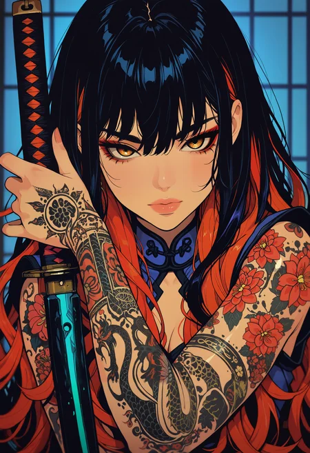 masterpiece, best quality, good quality, very aesthetic, absurdres, newest, 8K, depth of field, focused subject, medium close up, stylized, japanese art style, wabi-sabi, 1girl, henna and carmine, neon, sexy, erotic japanese female warrior, holding katana, dramatic pose