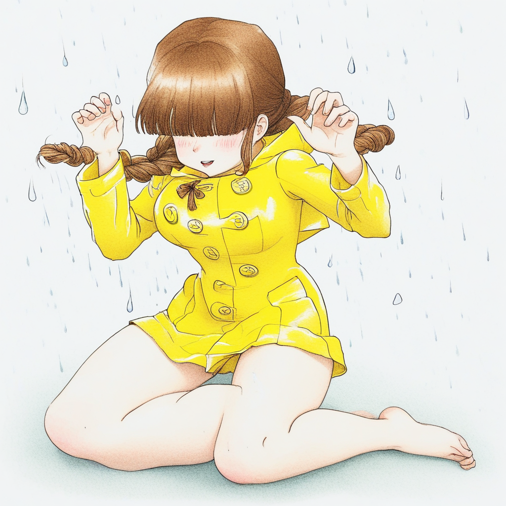 Young girl in a yellow raincoat, young Girl with braided hair, long brown hair, pale white skin, hair hiding face