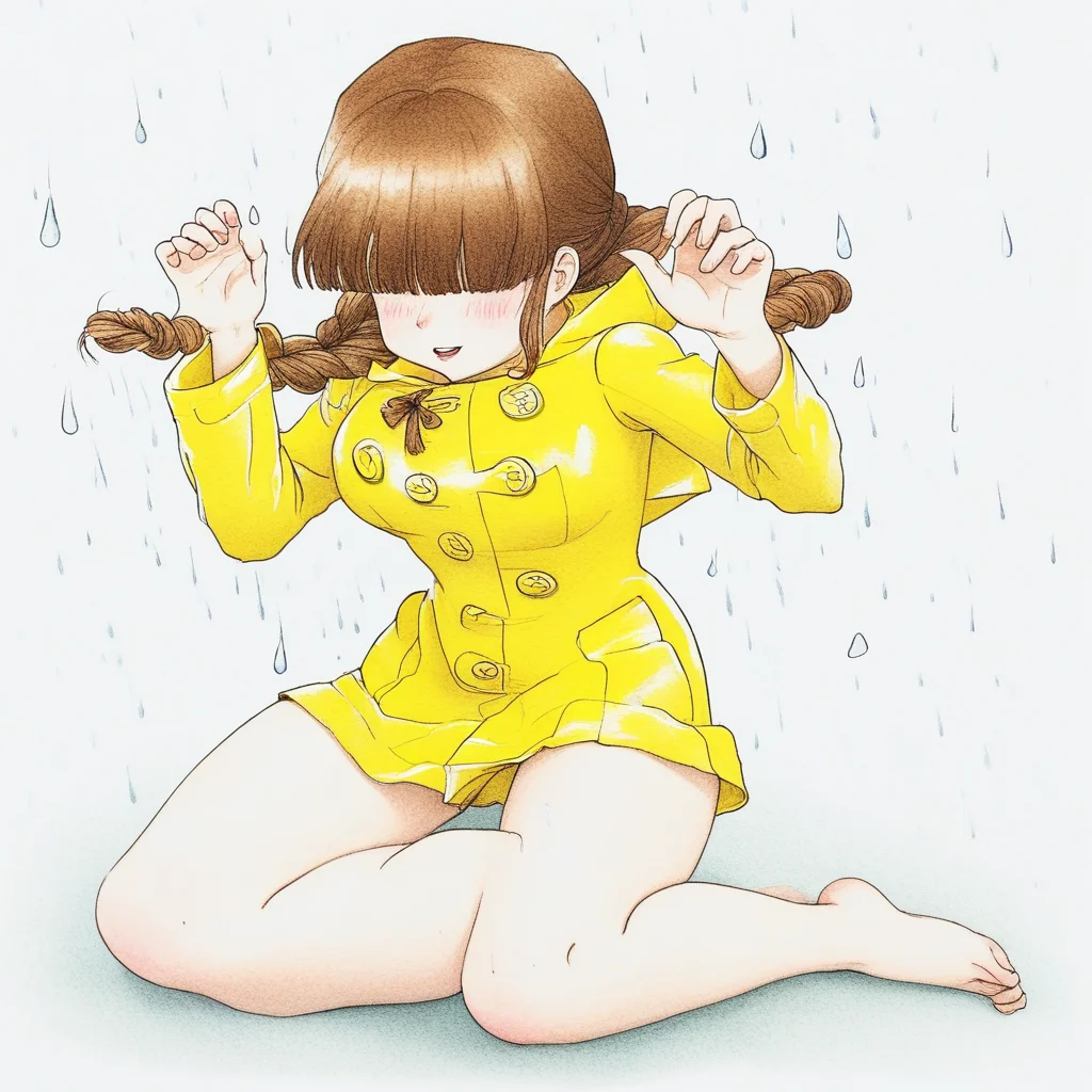 Young girl in a yellow raincoat, young Girl with braided hair, long brown hair, pale white skin, hair hiding face