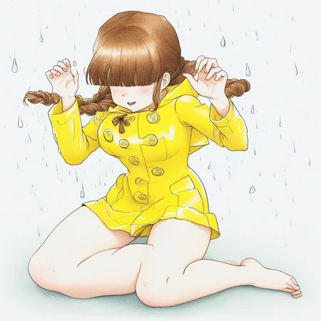 Young girl in a yellow raincoat, young Girl with braided hair, long brown hair, pale white skin, hair hiding face