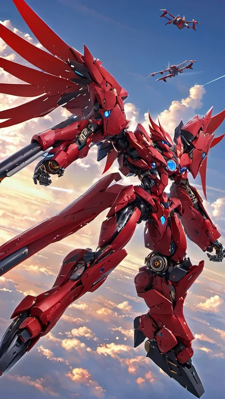 (LRS:1.8), best quality, masterpiece,robot mecha, (flying in the sky:1.7),(flying pose:1.7),(large size robot:1.5), glowing eyes, (full body:1.2), clenched hand, mechanical parts, robot joints, (Detailed eye description:1.2),(huge mechanical weapon:1.3),(detailed shield description:1.2), (detailed weapon description:1.2),(huge mechanical gun:1.2), (holding weapon :1.3) <lora:srdxl_v2k:0.4>