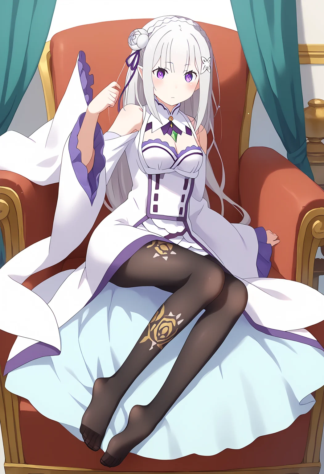 score_9, score_8_up, score_7_up, source_anime,
BREAK
<lora:shiPantyhoseV1:1>,shibronyahose, black pantyhose, fine fabric emphasis, print pantyhose, floral print,
1girl, solo, feet, toes, soles, thighs, legs,
<lora:shiEmiliaV2:1> shimilia, long hair, grey hair, purple eyes, pointy ears, crown braid, hair flower, hair ribbon, purple ribbon, x hair ornament, white dress, cleavage, bare shoulders, wide sleeves,
looking at viewer, blush,