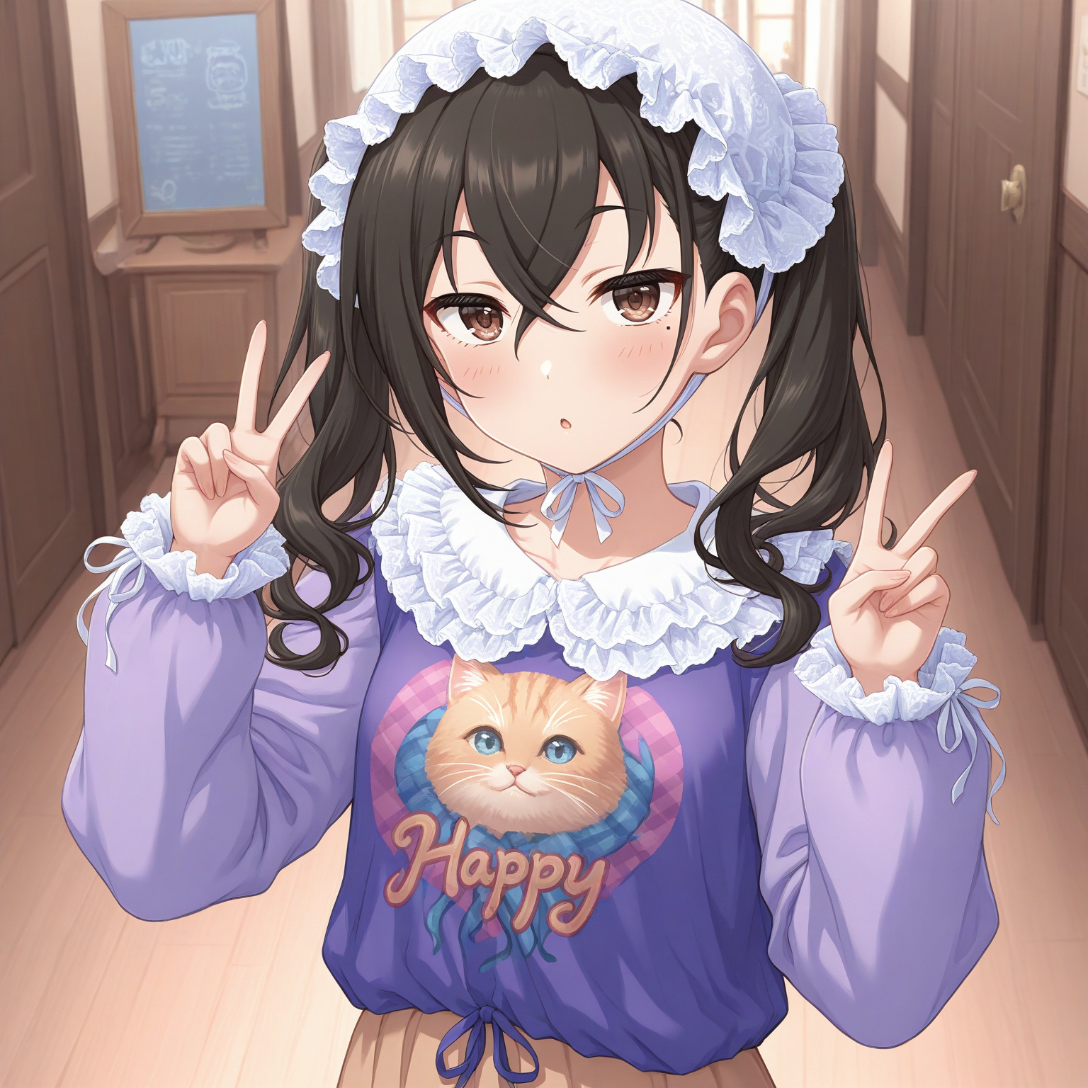 masterpiece, best quality, indoors, 
<lora:BabyAkira:1>, BabyAkira, white headwear, black hair, long hair, twintails, hair between eyes, crossed bangs, brown eyes, mole under eye, frills, purple shirt, print shirt, clothes writing, long sleeves, skirt, v, parted lips, blush, :o