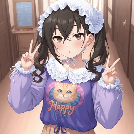 masterpiece, best quality, indoors,
<lora:BabyAkira:1>, BabyAkira, white headwear, black hair, long hair, twintails, hair between eyes, crossed bangs, brown eyes, mole under eye, frills, purple shirt, print shirt, clothes writing, long sleeves, skirt, v, parted lips, blush, :o