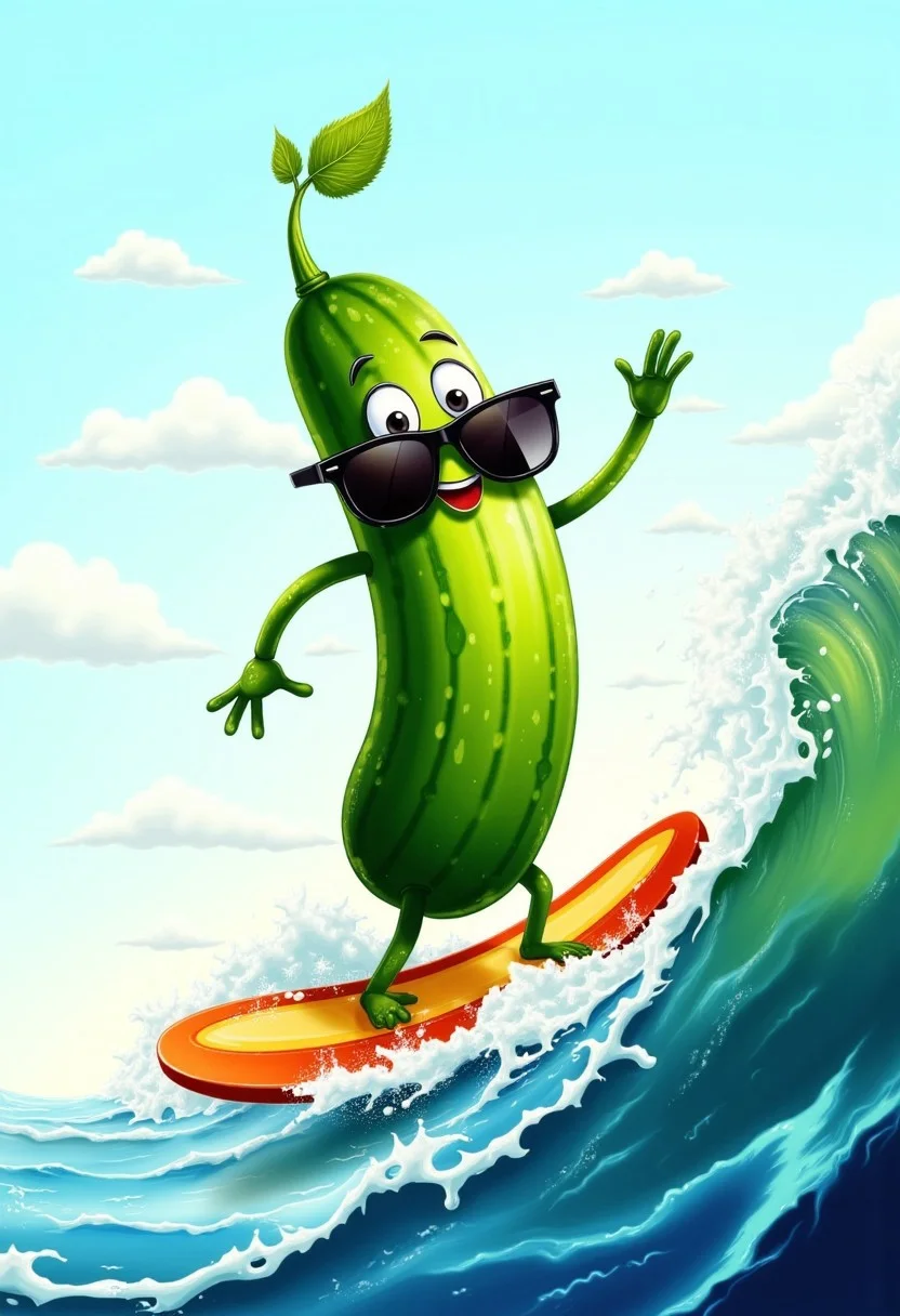 A friendly, animated cucumber wearing sunglasses and surfing on a wave made of salad greens, illustration in the style of BRSH