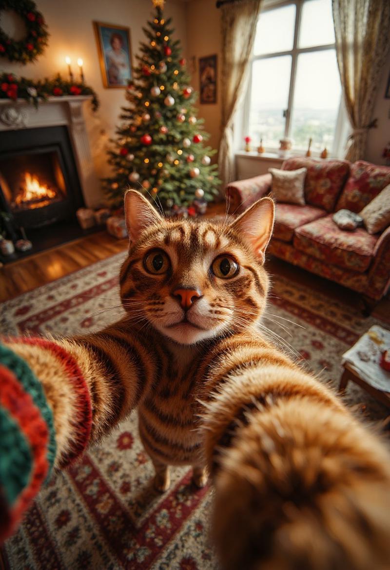 a cat taking a funny selfie in a christmas living room