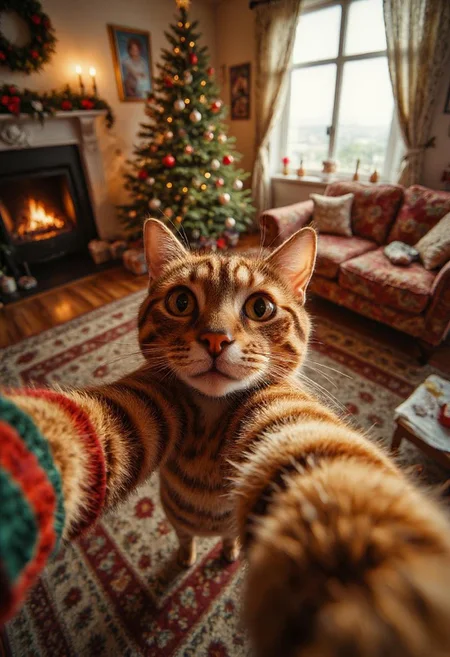 a cat taking a funny selfie in a christmas living room