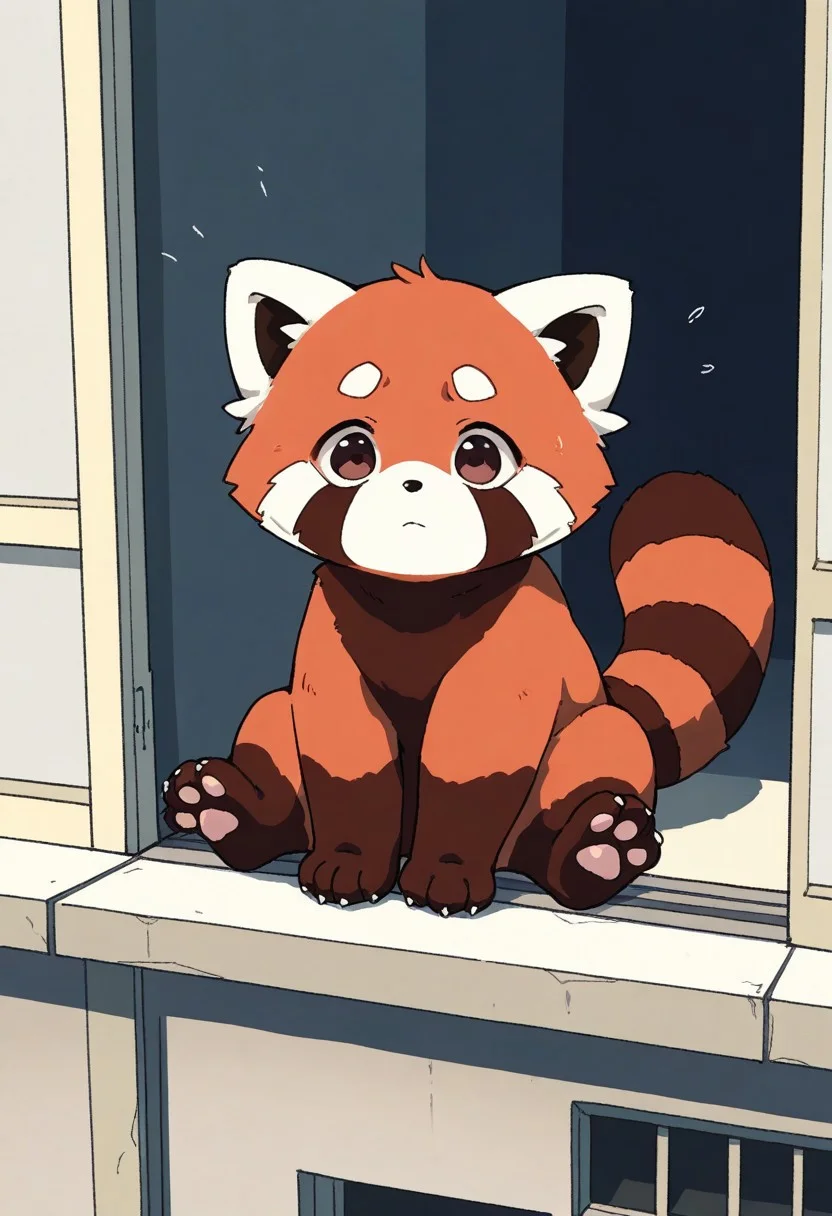 "(masterpiece, best quality, high quality, highres), very awa, highres, absurdres,(chii-kun \(seedyoulater\):0.8), (naguru \(cyoroama\):0.8), (thesecretcave:1.), (yuukinetwork:0.8),
(red panda:1.2), (no humans:1.1), paws, fur, (cute:1.2), comfy, solo,
sitting,
expressionless, scared,
dawn rooftop computers background, "