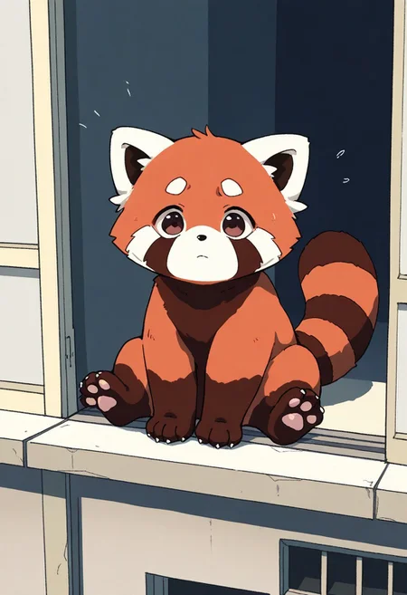 "(masterpiece, best quality, high quality, highres), very awa, highres, absurdres,(chii-kun \(seedyoulater\):0.8), (naguru \(cyoroama\):0.8), (thesecretcave:1.), (yuukinetwork:0.8), 
(red panda:1.2), (no humans:1.1), paws, fur, (cute:1.2), comfy, solo, 
sitting, 
expressionless, scared, 
dawn rooftop computers background, "