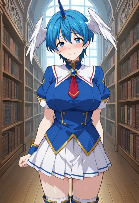 score_9,score_8_up,score_7_up,source_anime,5_figner,2d_animation,game cg,BREAK,1girl,solo,large breast,
Unico,single horn, head wings, blue hair,short hair,
school uniform, short sleeves, brooch, red necktie, white skirt,white socks, boots, blue footwear,
cowboy shot,looking at viewer,smile,standing,front view,in heat,blush,
libraries,fantasy,
masterpiece,best qualit,ultra-detailed,illustration,an extremely delicate and beautiful,beautiful detailed eyes,unity 8k wallpaper,high resolution,anime CG,official_art,