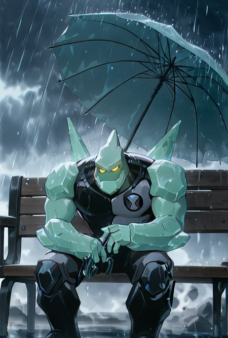 <lora:diamondhead-06:1> diamondhead, robot, yellow eyes, solo, 1boy, no humans, pokemon (creature), armor, spikes, yellow sclera, green skin,  cartoon,  <lora:WSSKX_WAI:1>, angry,  grey background, raining, sitting on bench, grey sky, sad day, holding green umbrella,, masterpiece, best quality, amazing quality, very aesthetic, absurdres, newest,