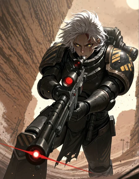 masterpiece, best quality,high quality, newest, highres,8K,HDR,absurdres, dynamic angle, realistic, 1girl, IronW40k, power armor, sniper rifle, scarred face, piercing yellow eyes, white hair with dark streaks, aiming at target, red laser sight, mechanical eyepiece, futuristic sniper, high-tech scope, dusty battlefield, limited palette, intense expression, dynamic pose, dramatic lighting, strong depth of field, wind-blown hair, torn fabric, desert landscape, gritty realism, cinematic shot, dutch angle, foreshortening, blurred background, dust particles., detailed background, dynamic pose, dynamic composition,dutch angle, detailed backgroud,foreshortening,blurry edges <lora:ILLIronW40k:1>