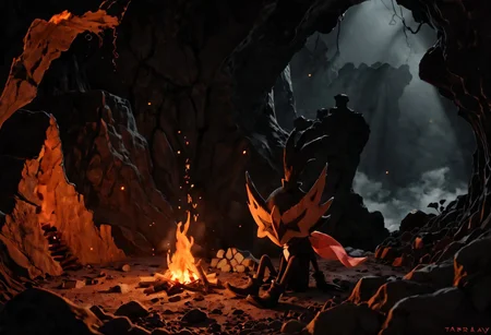 score_9,score_8,score_7, taterazay, mask, red cape, arms, high quality, hands, legs, boots, full body, background, highres, high resolution, dark lighting, sitting, fire, lonely, rock cave background, bonfire, wallpaper
