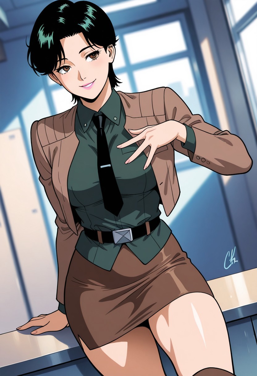 KyokoJounouchiCCO808, 1girl, solo, black hair, short hair, bangs, brown eyes, nose, pink lips, uniform, collar, dark green shirt, black necktie, large breast, brown jacket, belt, collared shirt, brown pencil skirt, thick hips, brown boots, long sleeves,
,seductive pose, sexy pose, tease, 
masterpiece, best quality, ultra-detailed, very aesthetic, detailed background, very aesthetic, newest, scenery, highres, 4k, absurdres, 8k, colorful,vibrant, glowing, perfect face, 2d, perfect eyes, detailed eyes, 
 masterpiece, best quality, ultra-detailed, very aesthetic, newest, scenery, absurdres, perfect anatomy, , perfect face, perfect eyes, mature body, clear eyes, beautiful eyes, athletic, curvy body, athletic girl, perky tits, perfect tits, round breasts, pinup pose, teasing, lustful expression,
muscular female, dutch angle,
naughty smile,
,detailed eyes,Smooth Negative, highres, absurdres,   uncensored,