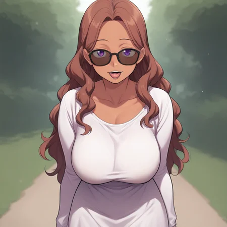 (SUP3RG3TTh1:1.4), highly detailed, best quality, absurdres, masterpiece, 1girl, long hair, dark skin, dark-skinned female, dress, sunglasses, brown hair, hair, purple eyes, anime colouring, tongue out, blushing, large breasts, depth of field, outdoors, sun shining, light filtering, bokeh