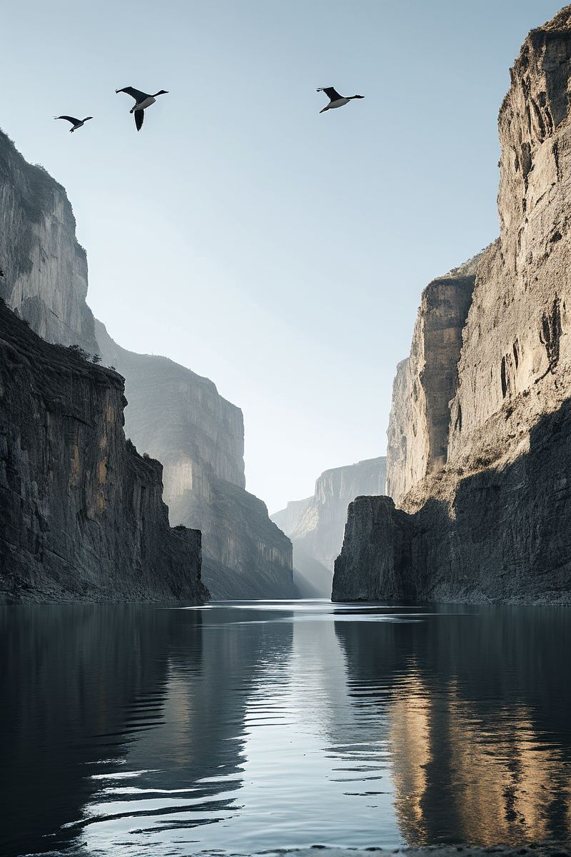 (((a wide river with towering cliffs on either side, where giant birds glide through the sky.))), Subtle Greys, Modern Minimalism: soft lighting, grey tones, sharp focus, minimalistic ambiance, modern elements, clean textures, sleek look, tranquil atmosphere, minimalist aesthetics, capturing simplicity, calm emotions, clean scenes, artistic feel, storytelling through textures, professional technique, gentle light manipulation, modern concept, minimalistic styling, sleek environment, surreal aesthetics, captivating narratives, intricate details, minimalistic landscape, editorial storytelling, soft glows, evoking calmness, pushing creative vision <lora:add-detail-xl:2> <lora:Cosine_freck:1>