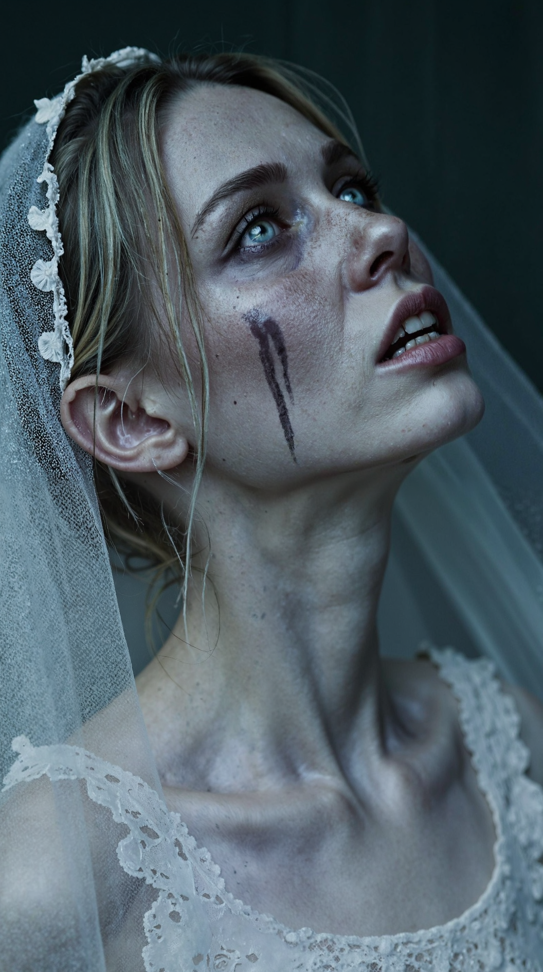 An extreme close-up portrait of a ghostly young bride, her pale, ethereal face bathed in an eerie, soft light. She tilts her head upward, her glowing blue eyes filled with sorrow, as thick, black tears stream down her cheeks, leaving dark, inky trails against her ashen, almost translucent skin. Her expression is one of utter despair, her slightly parted lips trembling as if caught in a silent wail of grief.

Her delicate wedding veil, tattered and frayed with age, drapes over her hair and shoulders, blending into the misty, blurred background. Wisps of her disheveled, silvery-white hair escape from beneath the fabric, moving slightly as if stirred by an invisible wind. The lighting is moody and cinematic, with a faint glow illuminating her features, creating a stark contrast between her haunting beauty and the dark tears of sorrow.

The background is intentionally obscured, fading into a ghostly haze of cold blues, grays, and deep shadows, reinforcing the supernatural and tragic atmosphere. The overall composition is intimate and unsettling, drawing the viewer into the raw, heartbreaking pain of this ethereal, weeping phantom bride.