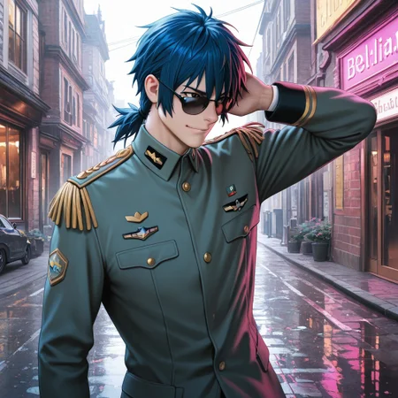masterpiece, best quality, amazing quality, absurdres, newest, detailed background, definition so sharp, Ultra-HD, 8K cinematic, very awa, impressionate, amazing quality, highres,
solo, male focus, manly,
daikakukokujouji, 1boy, short hair, tied hair, low tied hair, lieutenant_pretime, lieutenant_blue hair, lieutenant_brown eyes, stylish outfit, sunglasses \(falling off\), posing, confident smirk, but off-balance, urban setting, vibrant colors, energetic, cool, clumsy, fashionable, charming