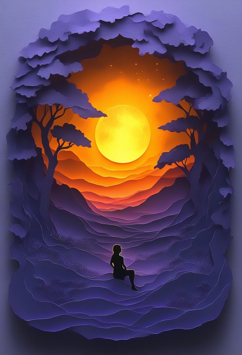 A lone figure sits contemplatively on a large, orange moon, gazing at a star-filled purple night sky. The scene is peaceful and serene, conveying a sense of quiet contemplation. [Paper cut art, layered style], reminiscent of [no specific artist reference needed, the style is widely used], with a color palette of deep purples, oranges, and golds for the stars. The layers are clearly defined, with varying depths of shadow to create a three-dimensional effect. The background is a gradient of deep purple to lighter purple, creating depth. The overall texture is smooth, mimicking the appearance of layered paper. The lighting is soft and diffused, suggesting a nighttime scene