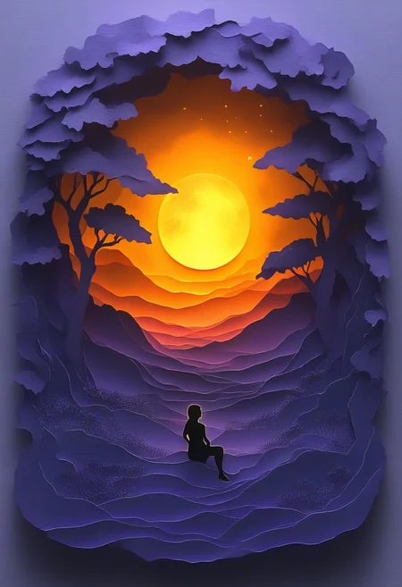 A lone figure sits contemplatively on a large, orange moon, gazing at a star-filled purple night sky. The scene is peaceful and serene, conveying a sense of quiet contemplation. [Paper cut art, layered style], reminiscent of [no specific artist reference needed, the style is widely used], with a color palette of deep purples, oranges, and golds for the stars. The layers are clearly defined, with varying depths of shadow to create a three-dimensional effect. The background is a gradient of deep purple to lighter purple, creating depth. The overall texture is smooth, mimicking the appearance of layered paper. The lighting is soft and diffused, suggesting a nighttime scene