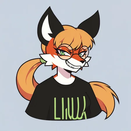 score_9, score_8_up, score_7_up, score_6_up, score_5_up, score_4_up, xenia, linux shirt, anthro fox female, round glasses, green eyes, solo, hair tie, ponytie, bust, faceless female, evil grin, smug, (opaque glasses:1.3) <lora:xenia-e11:1> <lora:PonyMinimalStyle:1> minimalstyle