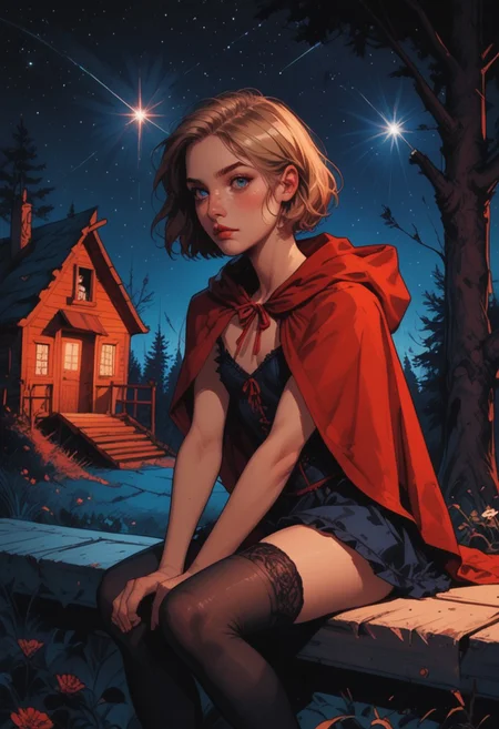 score_9, score_8_up, score_7_up, 1young woman, 20yo, detailed face, jawline, smooth skin, beige skin, beautiful eyes, blue eyes, blond hair, small breasts, skinny  body,bob cut hair, red dress, corset, red hooded red cape, thighhighs, sitting on railing, forest cabin, night, dark shadows, looking at stars, shooting stars, galaxy, masterpiece, best quality, very aesthetic, sun rays,