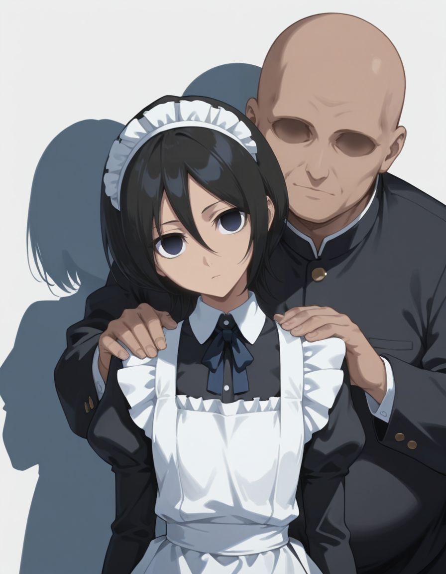 masterpiece, best quality,  <lora:Mind_Controlled_Rukia:1>, 4ukia, short hair, black hair, dark blue eyes, expressionless, empty eyes, (head tilt, maid:1.2), upper body, arms at sides, a faceless eyeless fat bald man standing side by side with a girl, putting his hand on her shoulder, flat chest,