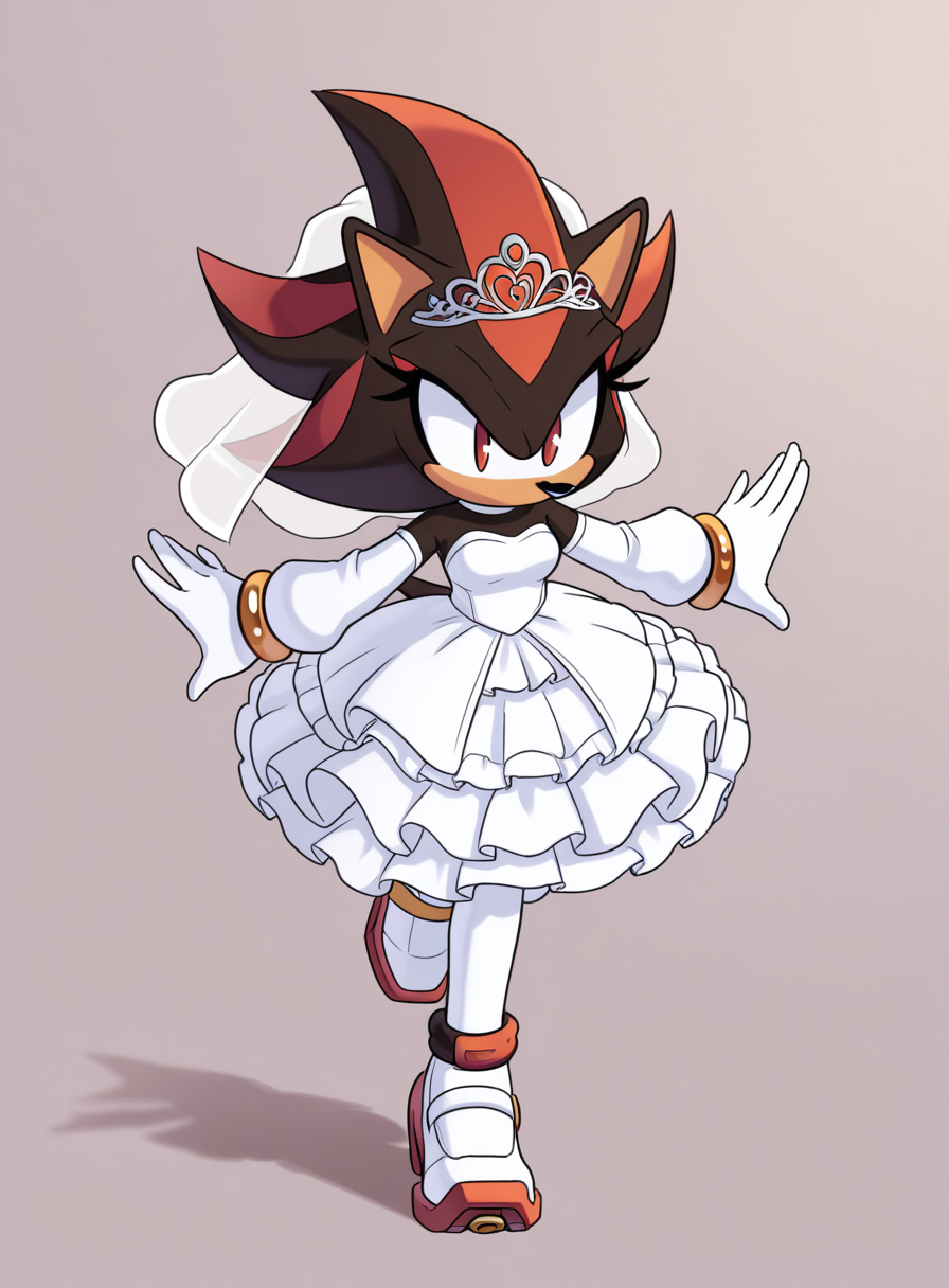 solo, <lora:krack:1> krackstyle,
shadow the hedgehog, black fur, red streaks, red eyes, white gloves, gold bracelet, white footwear, multicolored footwear, wedding dress, long sleeves, layered skirt, white pantyhose, veil, gloves, tiara,
dynamic pose, running, turning, body leaning, arms outstretched, looking at viewer, extremely detailed, highres, masterpiece, best quality