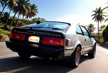 score_9,score_8_up,score_7_up,source_real,masterpiece,highest quality,detailed illustration of a car,absurd,realstic,8K,palm trees,dramatic lighting,high contrast,decorative,atmospheric,haunting beauty,texture,(dynamic angle),realistic,real,on road,
perfect composition,sharp focus,exquisite details,highly detailed,sunny sky,high speed driving,,red car,,A60 driving,<lora:A60_pony:1.1>,headlight,black liftback,from back view,