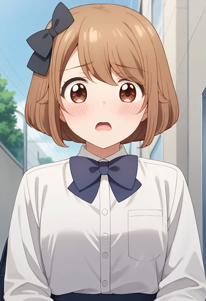 score_9, score_8_up, score_7_up,tsumugi tsutsumi, brown hair, short hair, brown eyes, 1girl, bow, solo, black bow, shirt, open mouth, white shirt, bowtie, hair bow, school uniform, blush, blue bow