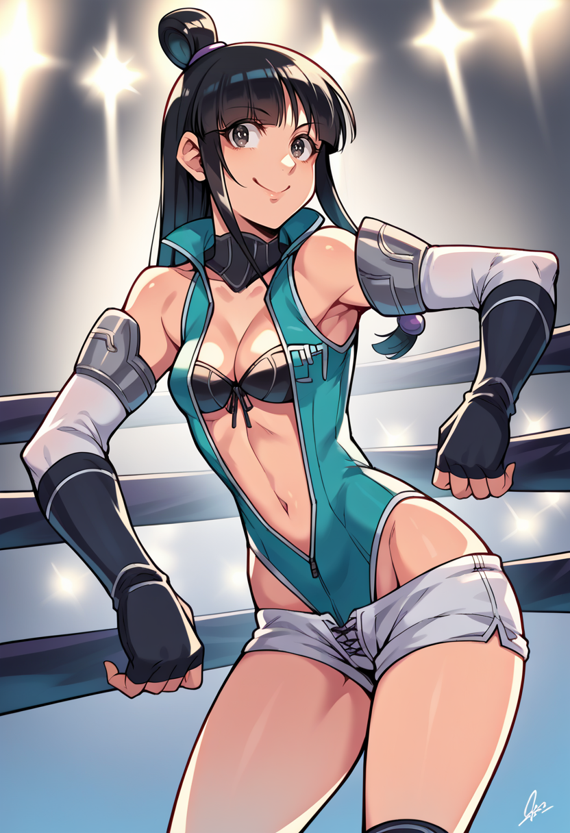 score_9, score_8_up, score_7_up, source_anime BREAK 1girl, solo,
<lora:aa_soj_mayafey_ponyXL:1> sojmaya, black hair, half updo, hair ornament
<lora:zs_FighterArmorXL:1> p4fighterarmor, leotard, cleavage, navel, shorts, sleeveless, gloves, knee boots, choker,
cowboy shot, dynamic pose, wrestling ring, gym, assertive female, smile, closed mouth