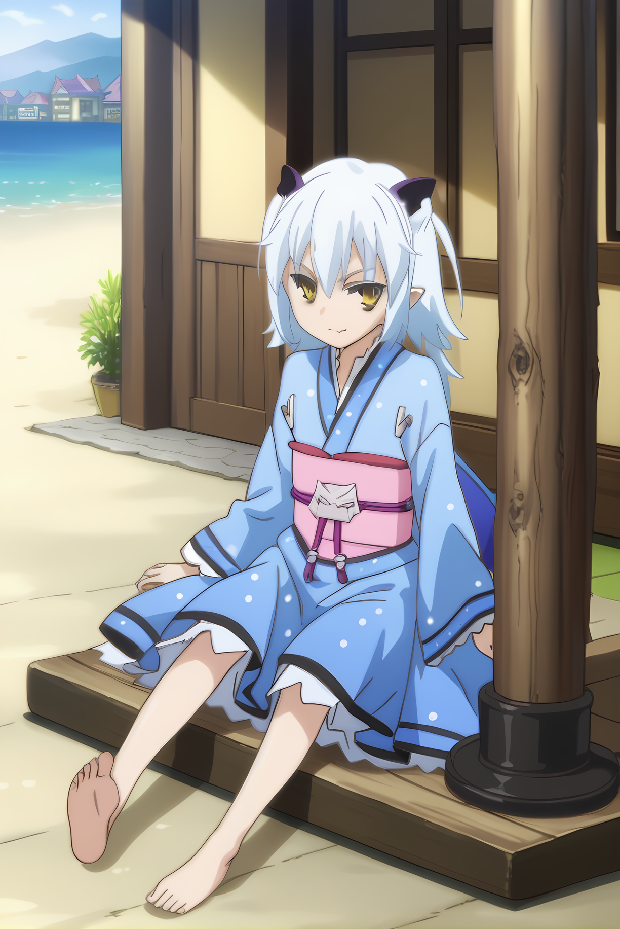 (japanese clothes), mt-shiroyasha, white hair, yellow eyes, short horns, 1girl, solo, skinny, feet, (score_9, score_8, score_7), source_anime, lewd, (town), (1.3::full body|sitting|standing|lying|0.6::close-up| :1.20), <lora:mt-shiroyasha-V01-000003:1.00>