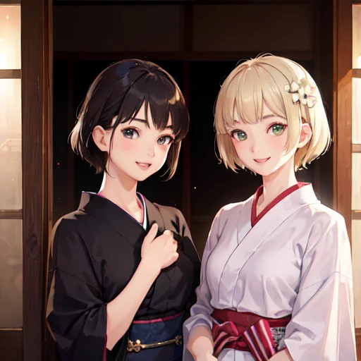 two young girls wearing yukata, one blonde short hair with green eyes, one brown short hair with black eyes, going to the temple to pray, smile, (realistic, photorealistic), extremely detail face , CG, teeth, happiness