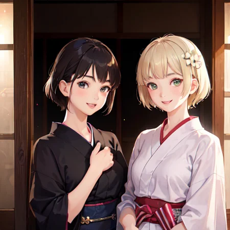 two young girls wearing yukata, one blonde short hair with green eyes, one brown short hair with black eyes, going to the temple to pray, smile, (realistic, photorealistic), extremely detail face , CG, teeth, happiness