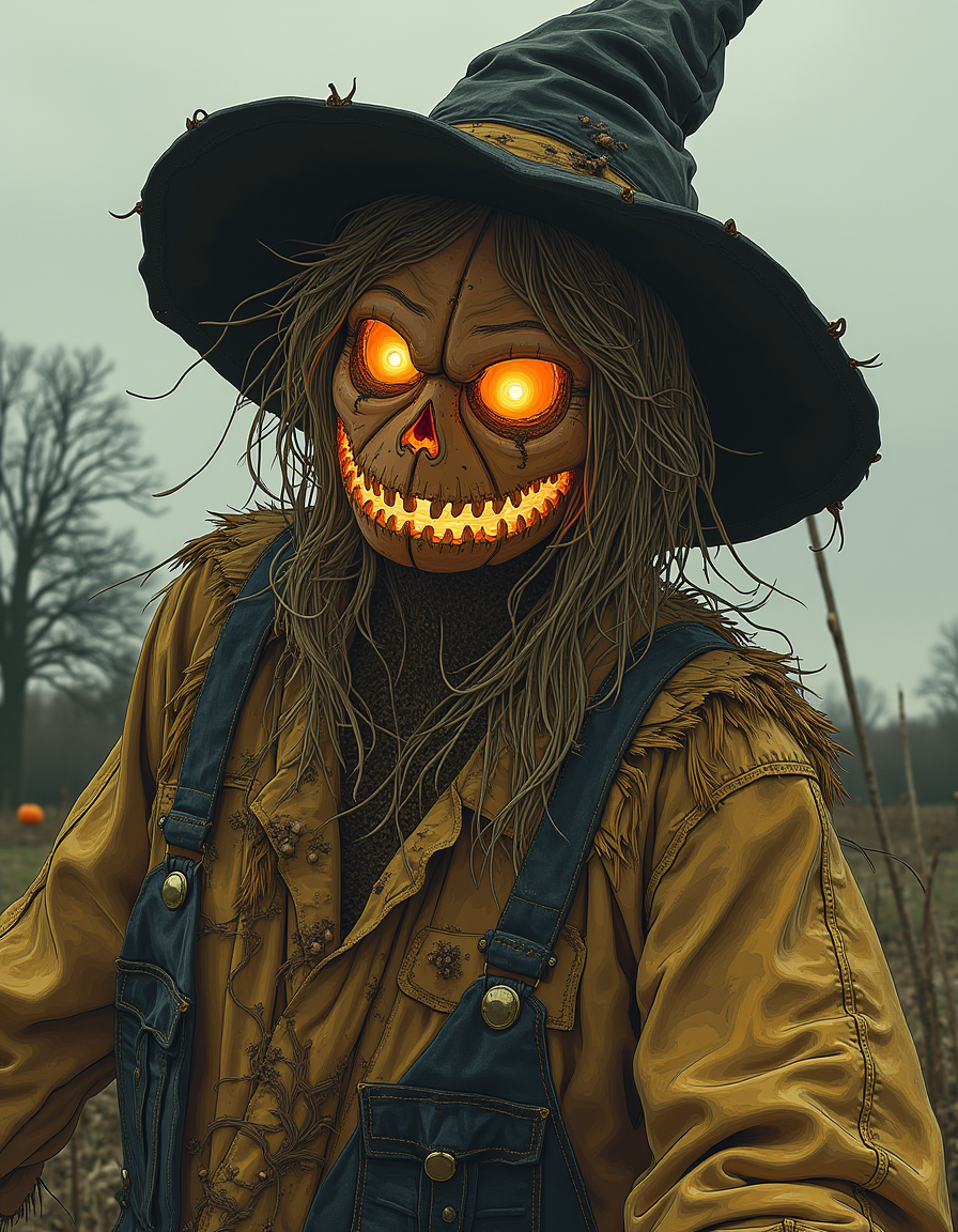 f4nt4st1c   , Jack-o-lantern scarecrow with fiery eyes in a haunted field, scarecrow body with straw limbs, tattered hat, intense glowing mouth, eerie fog, realistic and spooky.
<lora:fantastic-realism:0.8>