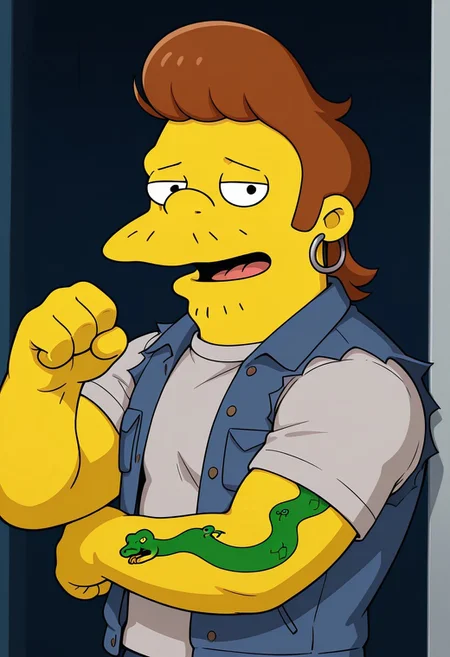 core_9, score_8_up, score_7_up, score_6_up, score_5_up, score_4_up, detailed background, detailed face, snake jailbird, simpsons style, brown hair, snake tattoo on right arm, light stubble, man, muscular, earring in ear, snub nose, gray t-shirt, blue vest