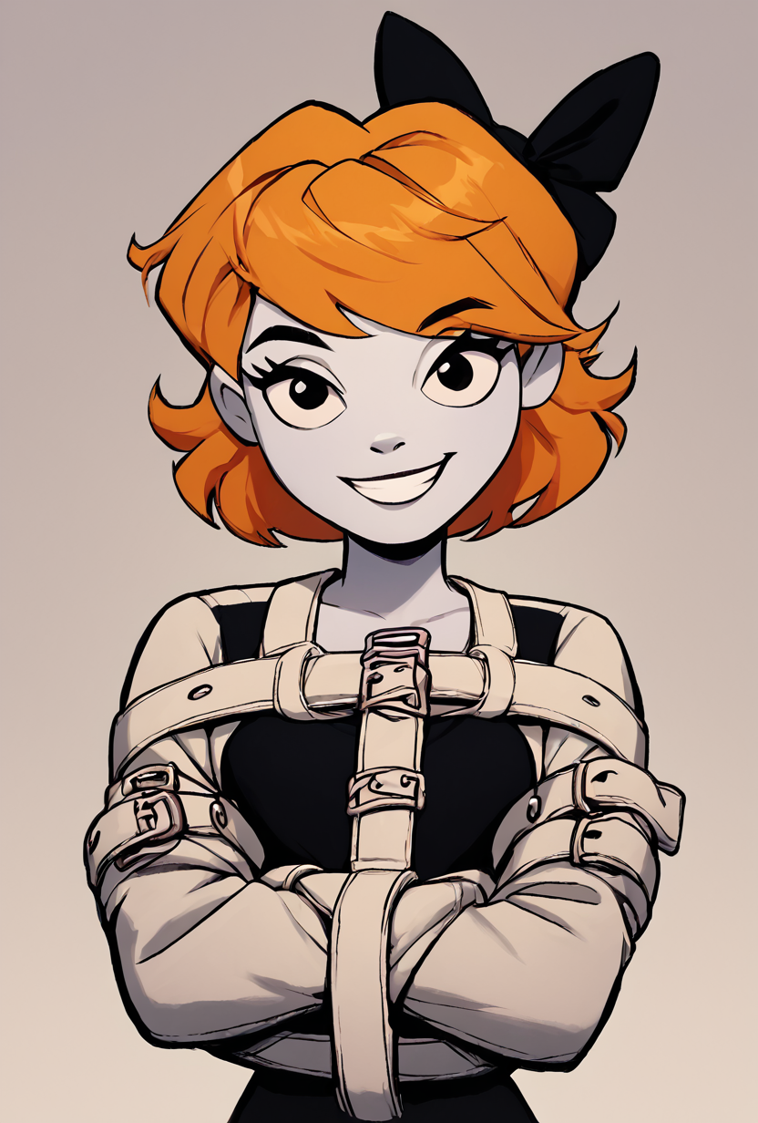 score_9, score_8_up, score_7_up, score_6_up, score_5_up, simple,  looking at viewer, smiling, simple, <lora:derpina-10:1> derpina, 1girl, short hair, hair bow, medium hair, orange hair, black dress,, white skin,,  <lora:straitjacketponyxl3:1> straitjacket <lora:wyatt:1> wyatt