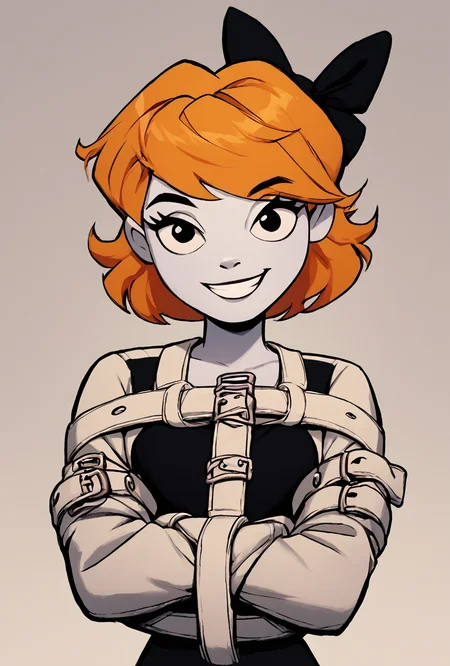 score_9, score_8_up, score_7_up, score_6_up, score_5_up, simple, looking at viewer, smiling, simple, <lora:derpina-10:1> derpina, 1girl, short hair, hair bow, medium hair, orange hair, black dress,, white skin,, <lora:straitjacketponyxl3:1> straitjacket <lora:wyatt:1> wyatt