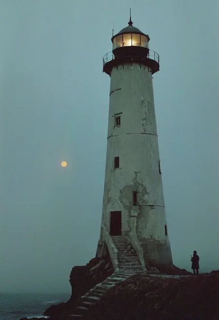 soaked_brand_pfeffi_KB, In a grainy, handheld video, a lone explorer investigates an old, decrepit lighthouse on a foggy night. As he ascends the spiral staircase, strange whispers and ghostly moans fill the air. At the top, he encounters a monstrous, ethereal being with tentacles and multiple glowing eyes. The footage is chaotic and filled with static, capturing the explorer's terror and the creature's unearthly presence.